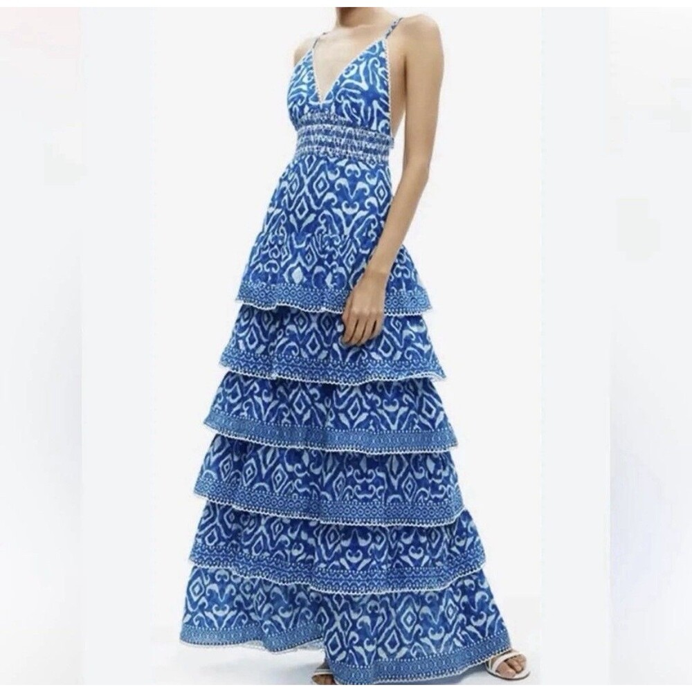 Caroline Constas Boho Maxi Dress Blue White Tiered Smocked Resort Greek Style L